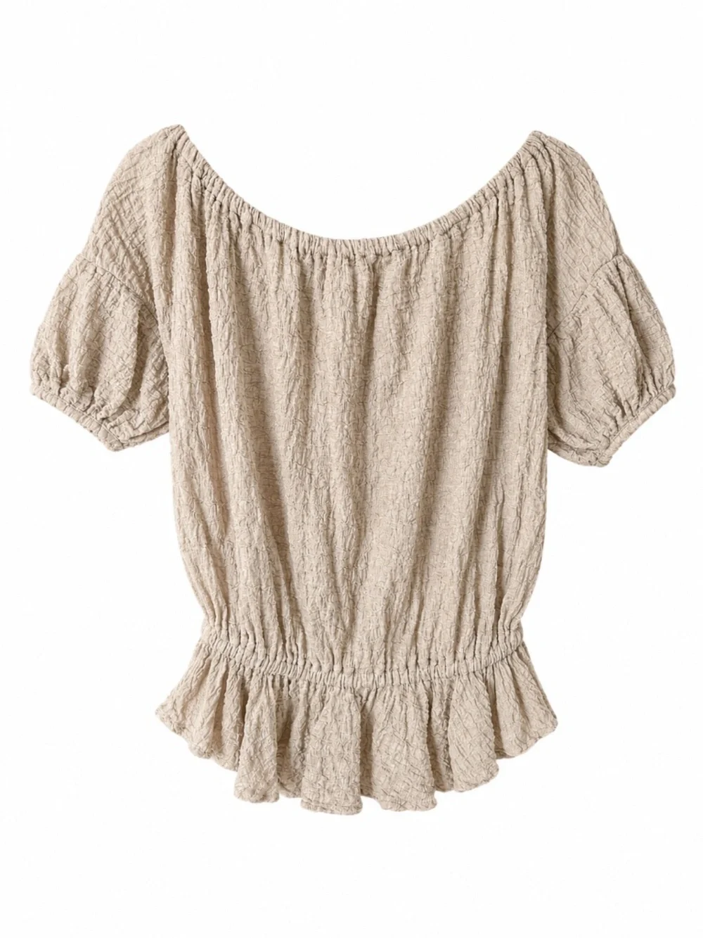 FREE PEOPLE Textured Beige Tan Gauze Off-The-Shoulder Peplum Top Blouse Sz S EUC